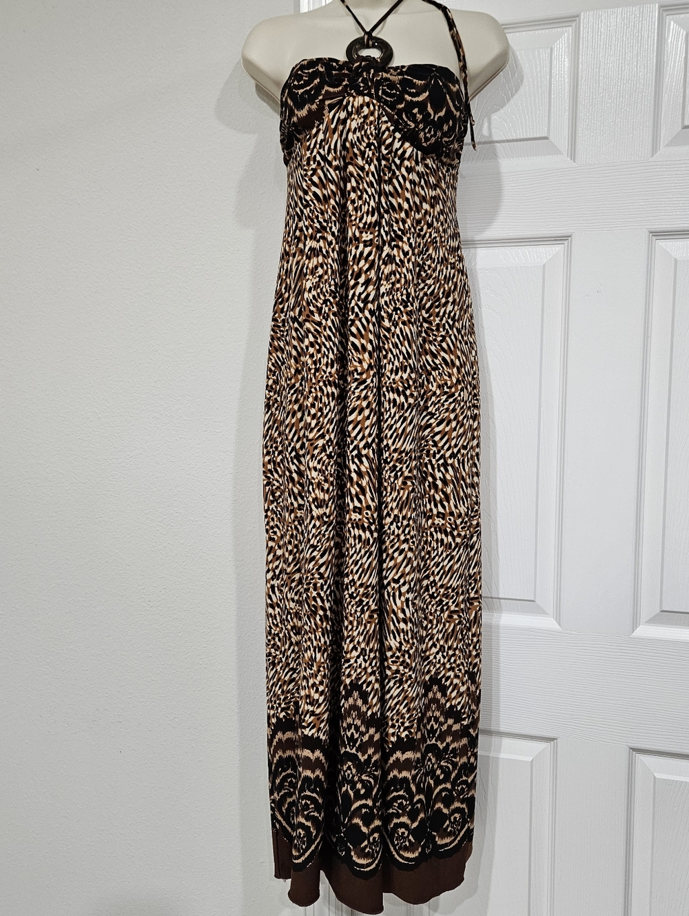 Brown and Tan Strapless Maxi Dress with Patterned Border